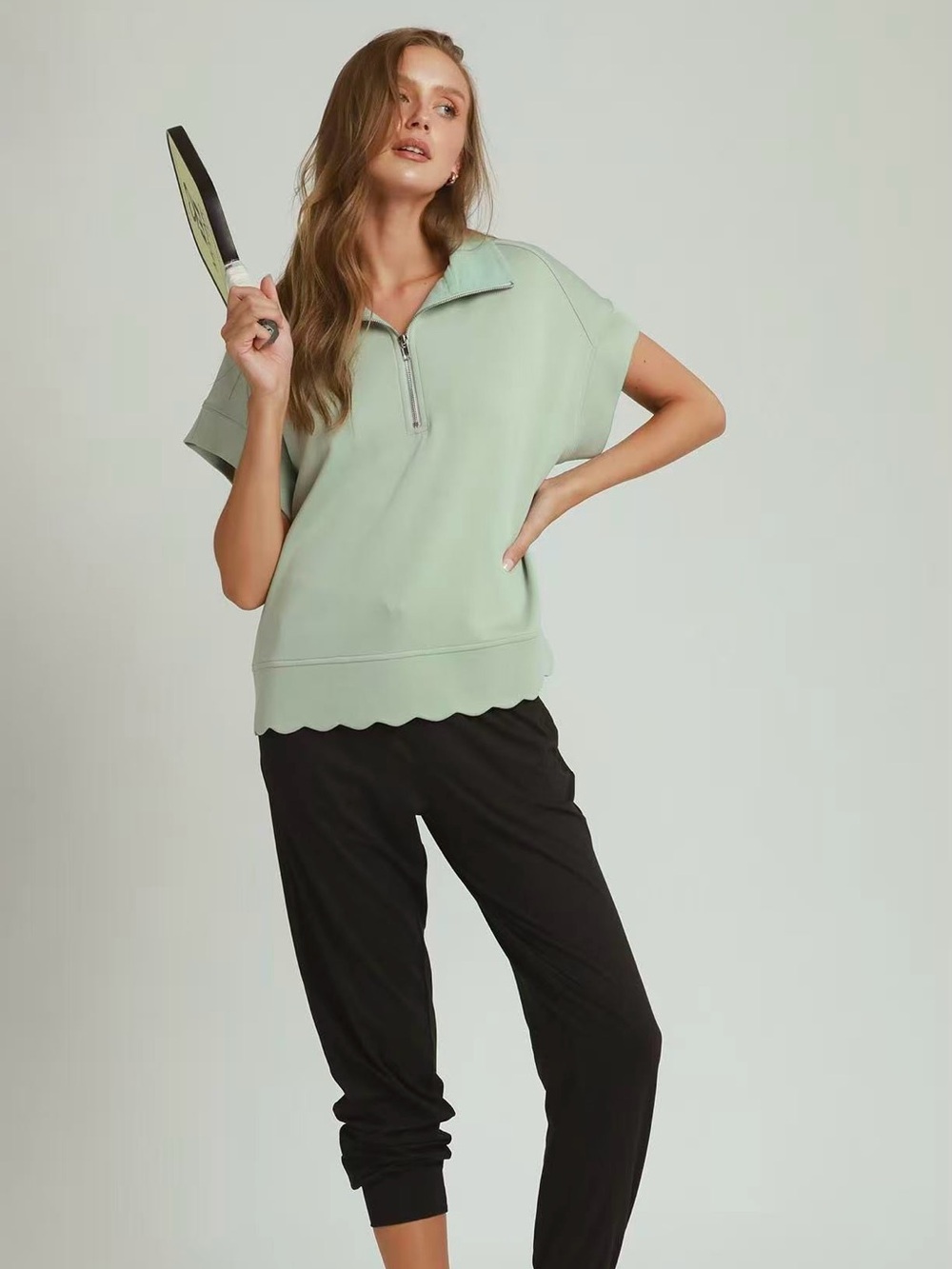 ♥️Hello Gorgeous! Umgee Half Zip Pullover with Scalloped Edge Hem- Light Mint - Picture 3 of 10